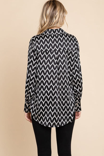 Chevron Long Sleeve Collared Satin Shirt Blouse