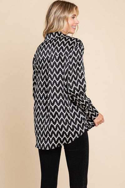 Chevron Long Sleeve Collared Satin Shirt Blouse