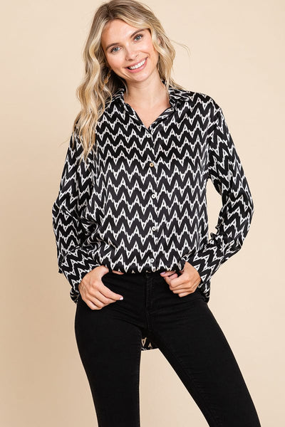 Chevron Long Sleeve Collared Satin Shirt Blouse