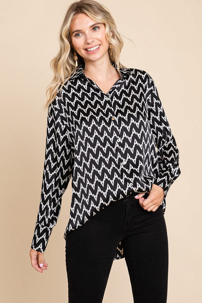 Chevron Long Sleeve Collared Satin Shirt Blouse