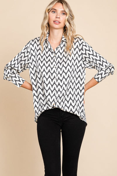 Chevron Long Sleeve Collared Satin Shirt Blouse