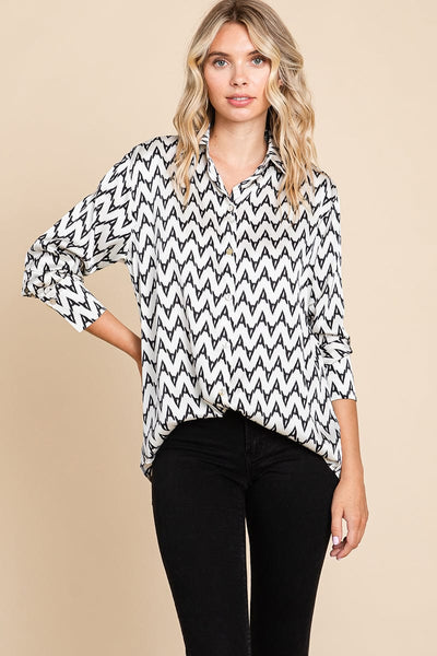 Chevron Long Sleeve Collared Satin Shirt Blouse