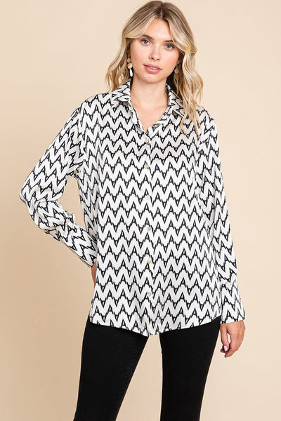 Chevron Long Sleeve Collared Satin Shirt Blouse