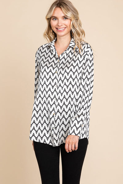 Chevron Long Sleeve Collared Satin Shirt Blouse