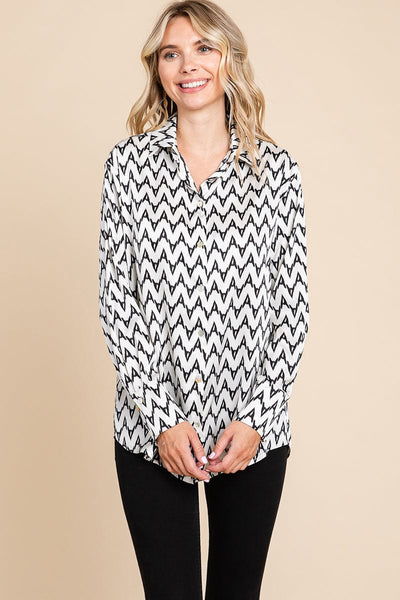 Chevron Long Sleeve Collared Satin Shirt Blouse