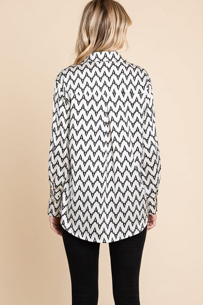 Chevron Long Sleeve Collared Satin Shirt Blouse