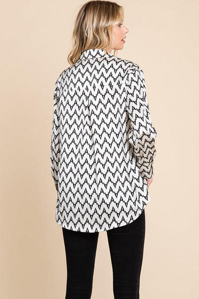 Chevron Long Sleeve Collared Satin Shirt Blouse