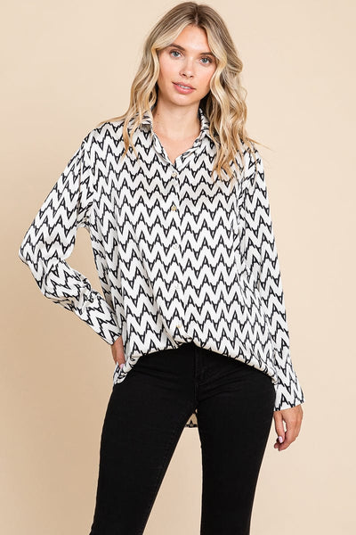 Chevron Long Sleeve Collared Satin Shirt Blouse