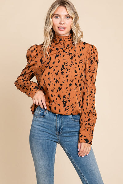 Leopard Print Long Sleeve Cowl Neck Shirts Blouses