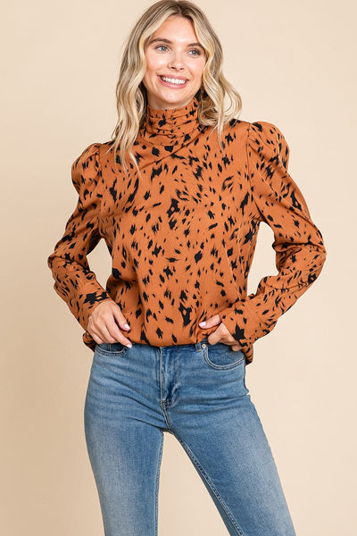 Leopard Print Long Sleeve Cowl Neck Shirts Blouses