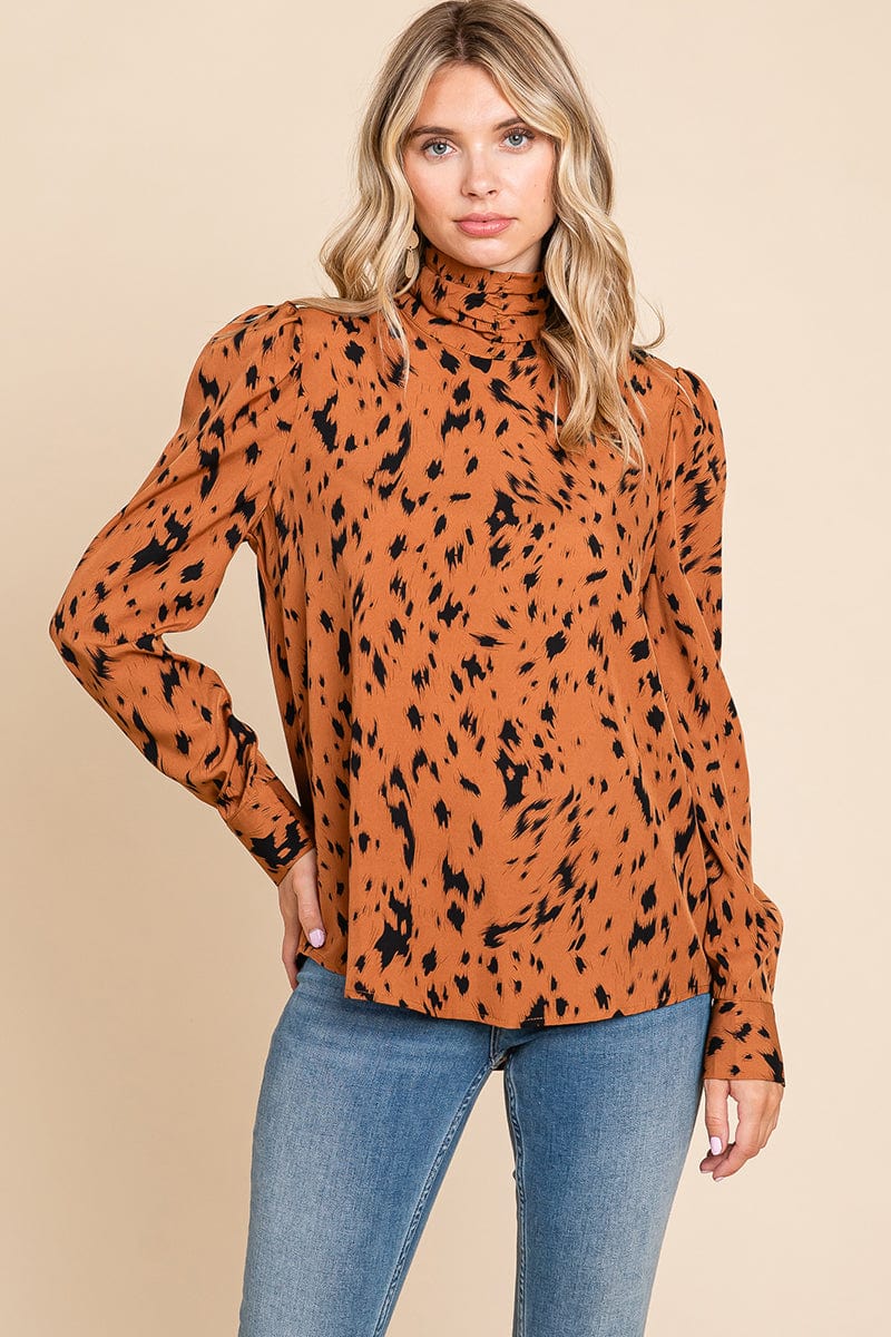 Leopard Print Long Sleeve Cowl Neck Shirts Blouses