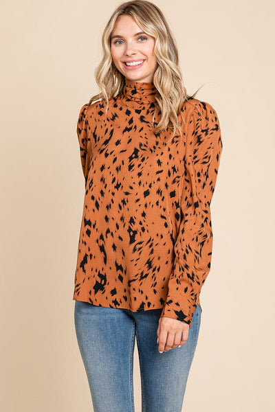 Leopard Print Long Sleeve Cowl Neck Shirts Blouses