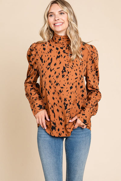 Leopard Print Long Sleeve Cowl Neck Shirts Blouses