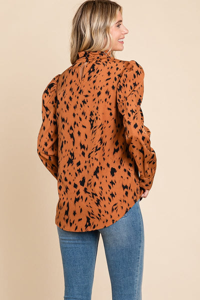 Leopard Print Long Sleeve Cowl Neck Shirts Blouses