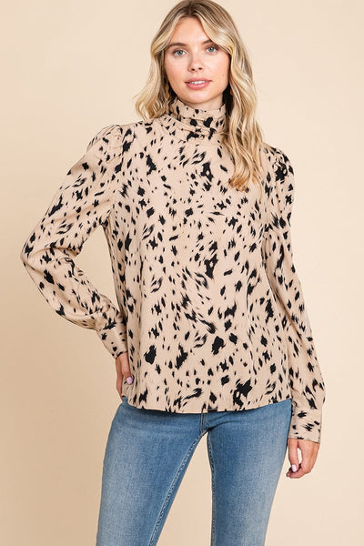 Leopard Print Long Sleeve Cowl Neck Shirts Blouses