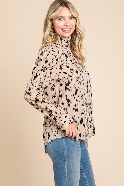 Leopard Print Long Sleeve Cowl Neck Shirts Blouses