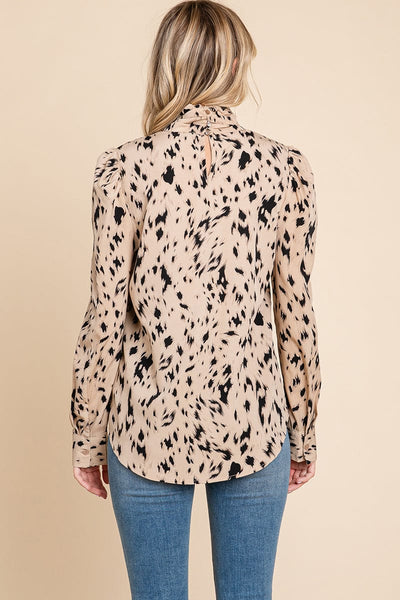 Leopard Print Long Sleeve Cowl Neck Shirts Blouses