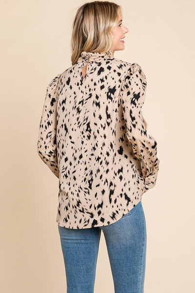 Leopard Print Long Sleeve Cowl Neck Shirts Blouses