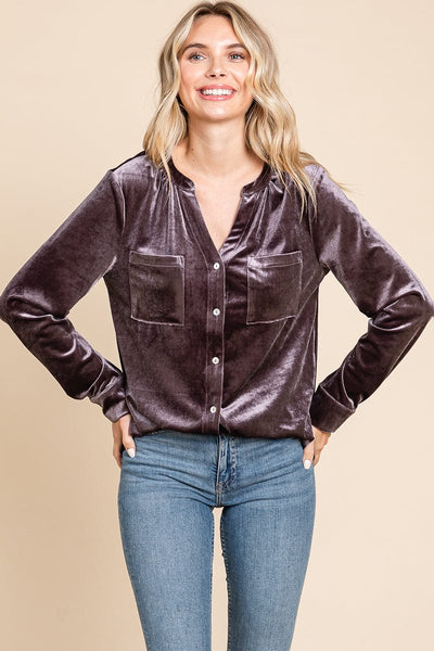 Button Down Long Sleeve Velvet Shirts Tops