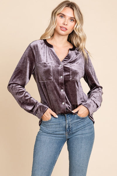 Button Down Long Sleeve Velvet Shirts Tops