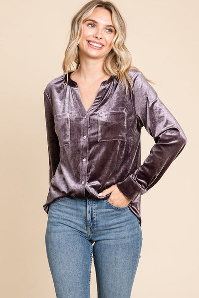 Button Down Long Sleeve Velvet Shirts Tops