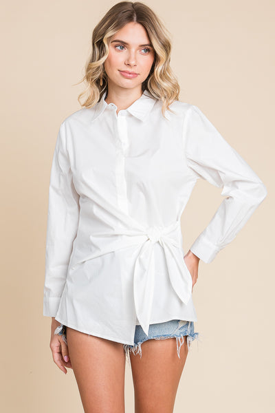 Poplin Wrap Bow Tie Button Up Collared Shirts Tops