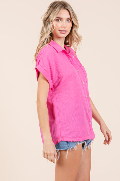 Double Gauze Short Sleeve V Neck Collared Shirts