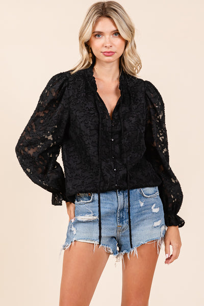 Tie Neck Lace Textured Long Sleeve Shirts