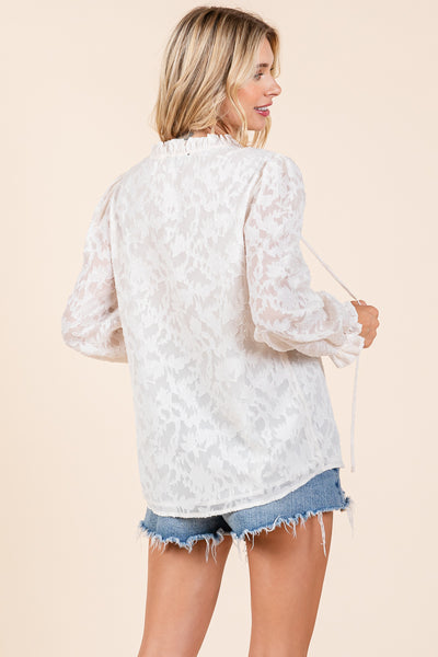 Tie Neck Lace Textured Long Sleeve Shirts