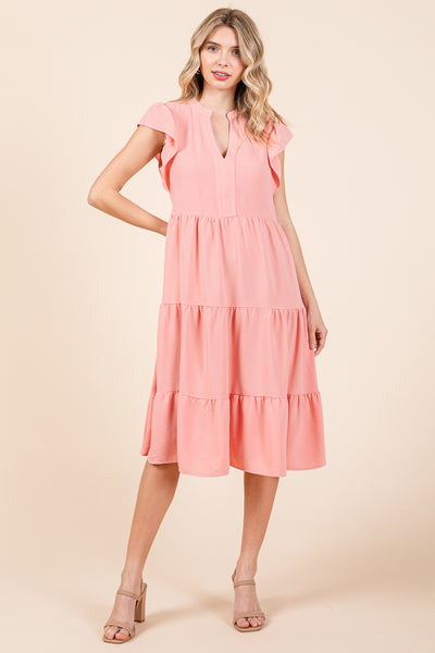 Ruffle Sleeve V neck Tiered Midi Dress, S-3X