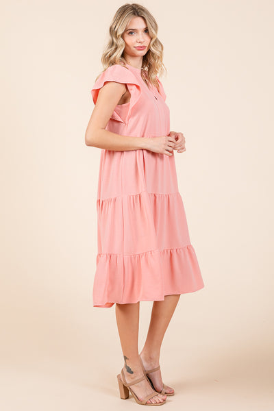 Ruffle Sleeve V neck Tiered Midi Dress, S-3X