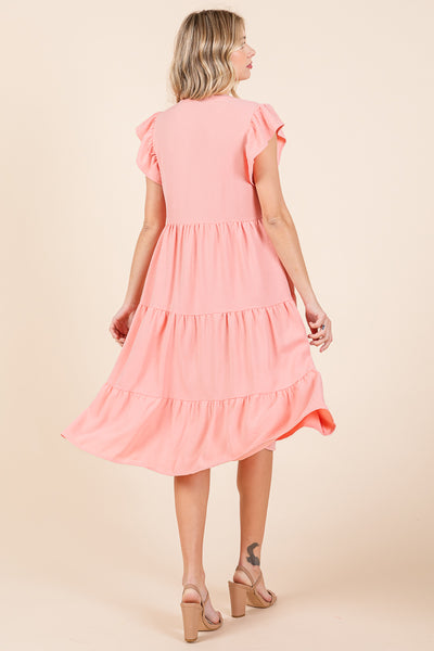 Ruffle Sleeve V neck Tiered Midi Dress, S-3X