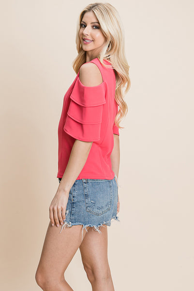 Multi Layered Flutter Short Sleeve Cold Shoulder Tops T Shirt Blouse