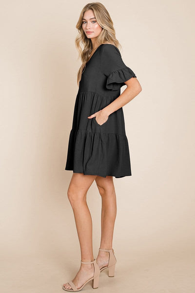 Pleated Flutter Ruffle Sleeve layered Tiered Dress