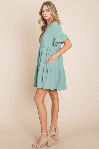 Pleated Flutter Ruffle Sleeve layered Tiered Dress