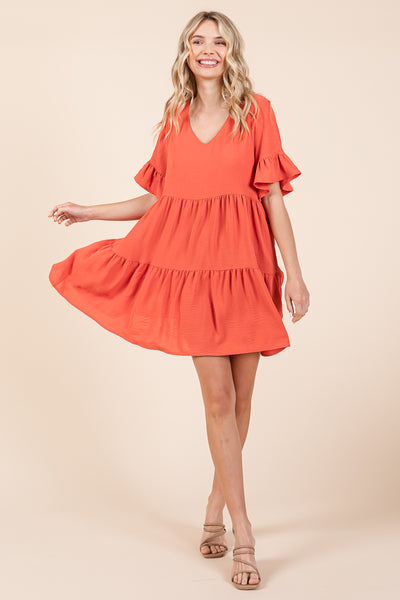 Pleated Flutter Ruffle Sleeve layered Tiered Dress