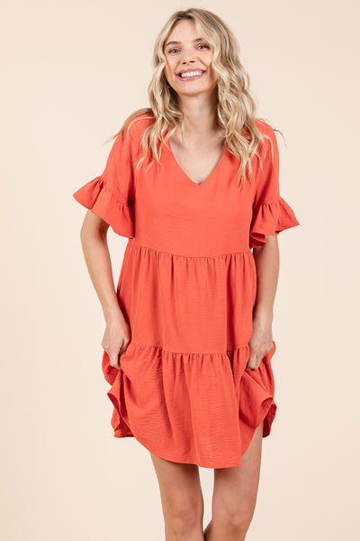 Pleated Flutter Ruffle Sleeve layered Tiered Dress