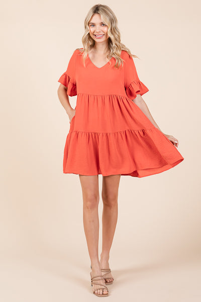 Pleated Flutter Ruffle Sleeve layered Tiered Dress