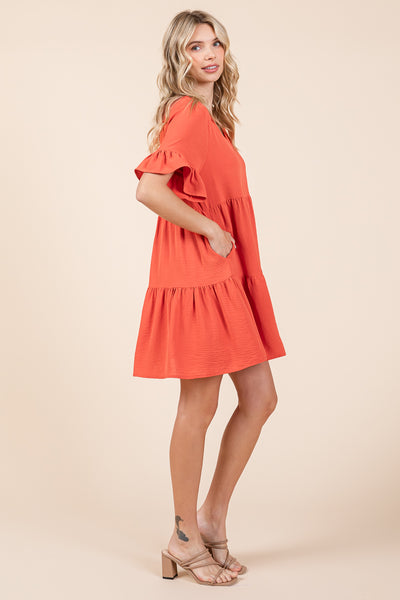 Pleated Flutter Ruffle Sleeve layered Tiered Dress