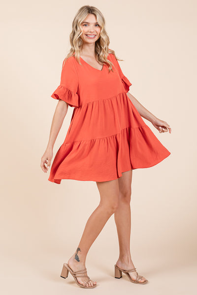 Pleated Flutter Ruffle Sleeve layered Tiered Dress