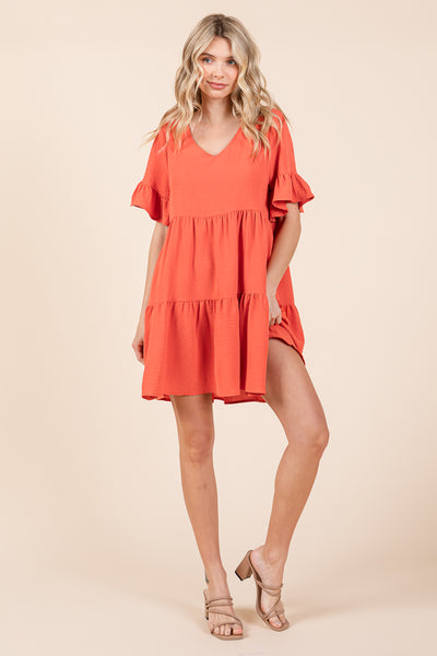 Pleated Flutter Ruffle Sleeve layered Tiered Dress