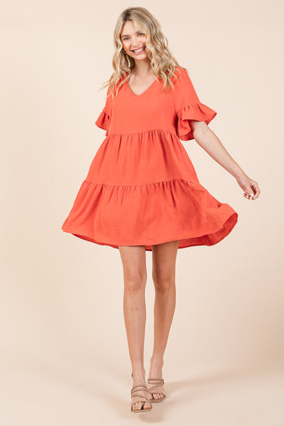 Pleated Flutter Ruffle Sleeve layered Tiered Dress