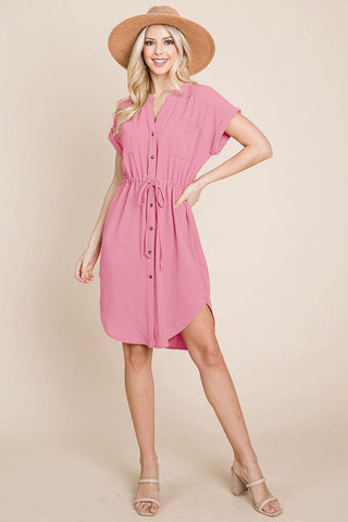 Button Down Solid Drawstring Waist Shirt Dress