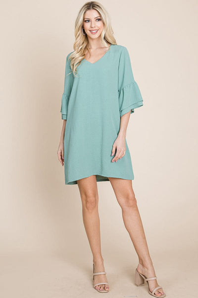 V neck Flounce Ruffle Sleeve Tunic Shift Dress