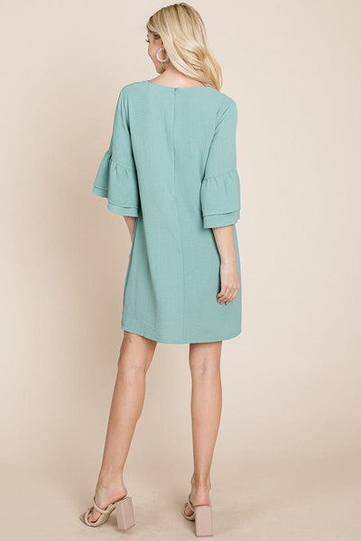 V neck Flounce Ruffle Sleeve Tunic Shift Dress