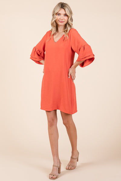 V neck Flounce Ruffle Sleeve Tunic Shift Dress