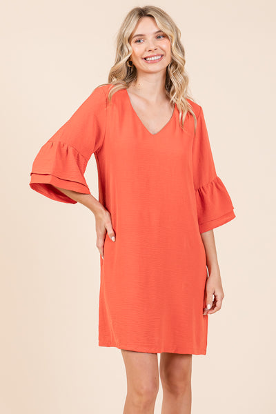 V neck Flounce Ruffle Sleeve Tunic Shift Dress