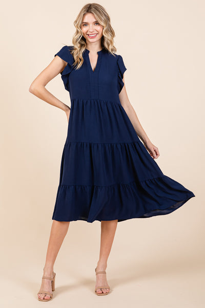 Ruffle Sleeve V neck Tiered Midi Dress, S-3X