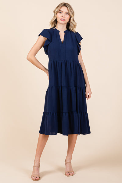 Ruffle Sleeve V neck Tiered Midi Dress, S-3X