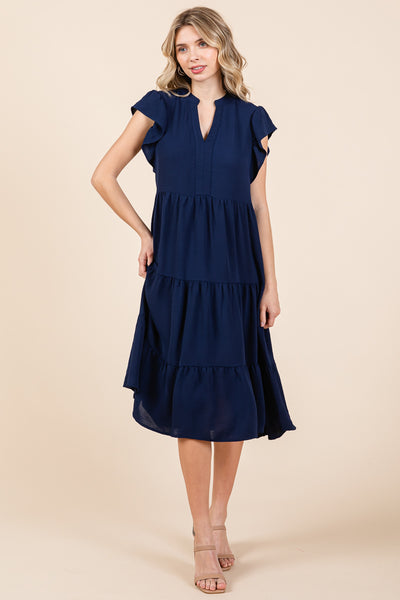 Ruffle Sleeve V neck Tiered Midi Dress, S-3X